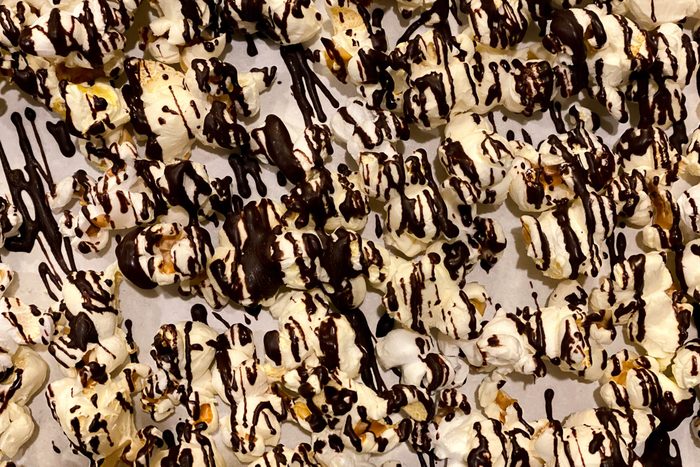 dark chocolate drizzle on popcorn